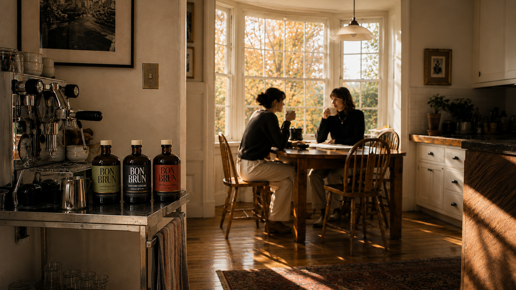A warm, sunlit kitchen scene with two women seated at a wooden table by a large window, while a stainless steel espresso station and several bon brun bottles are visible in the foreground. The room has hardwood floors, white cabinetry, and autumn trees outside the window.