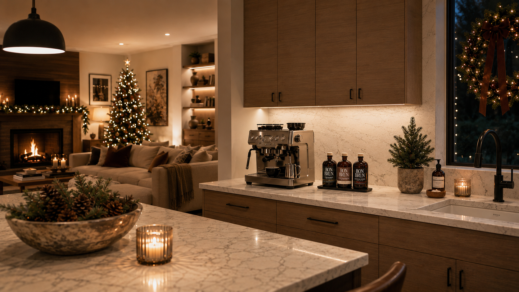 A warm, modern kitchen island with a white marble countertop and light wood cabinets, featuring a stainless steel espresso machine, bon brun coffee syrup bottles and holiday decorations in the background living room.