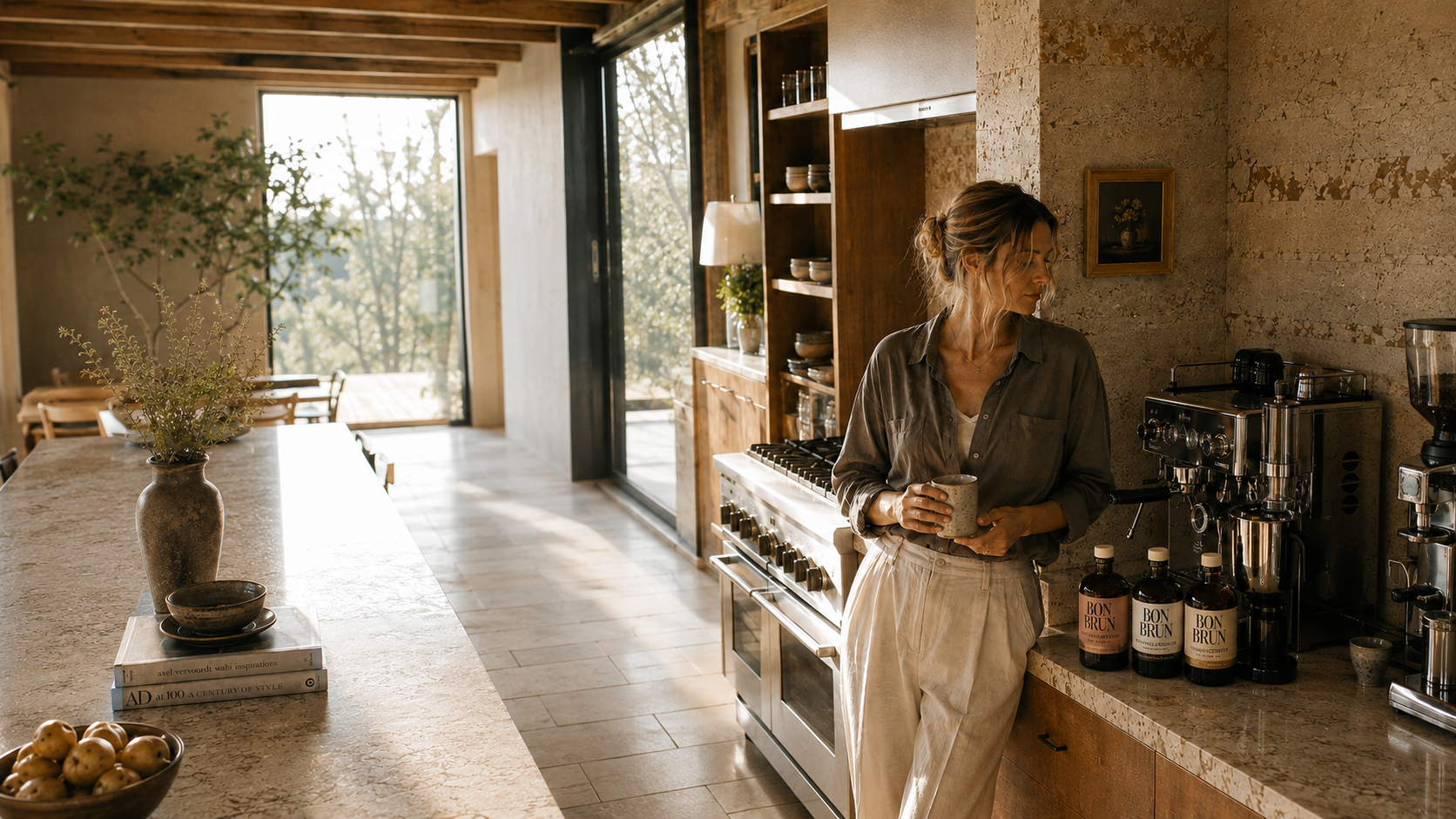 A woman stands in a rustic, sunlit kitchen holding a mug, with coffee equipment and several bon brun bottles on the counter beside her.